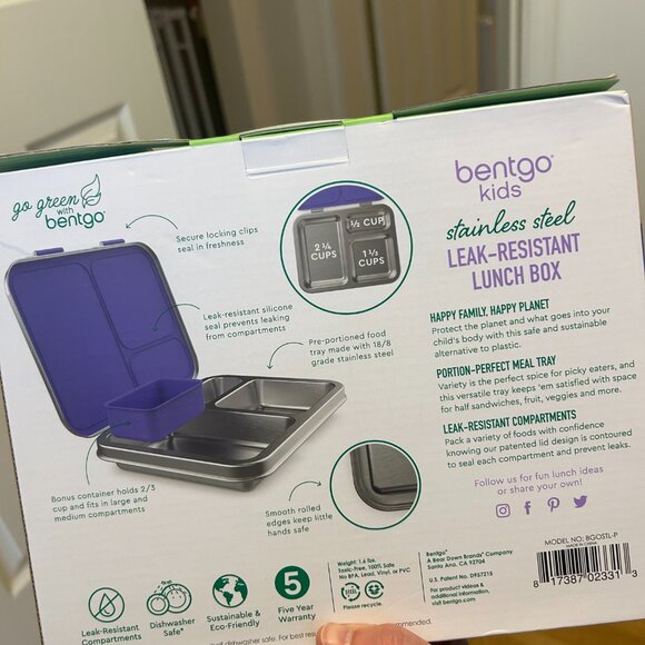 Bentgo Kids Stainless Steel Leak-Resistant Lunch Box 3-Compartments Purple - Picture 2 of 2